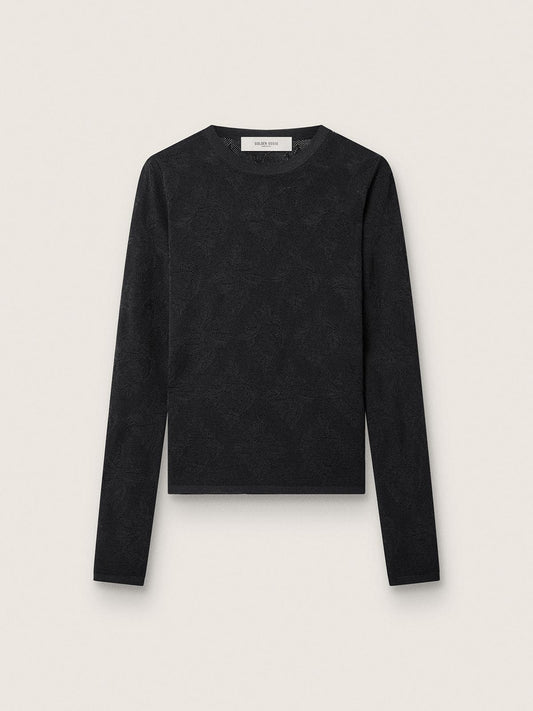 Women's crew-neck sweater with black floral jacquard pattern - Golden Goose Women
