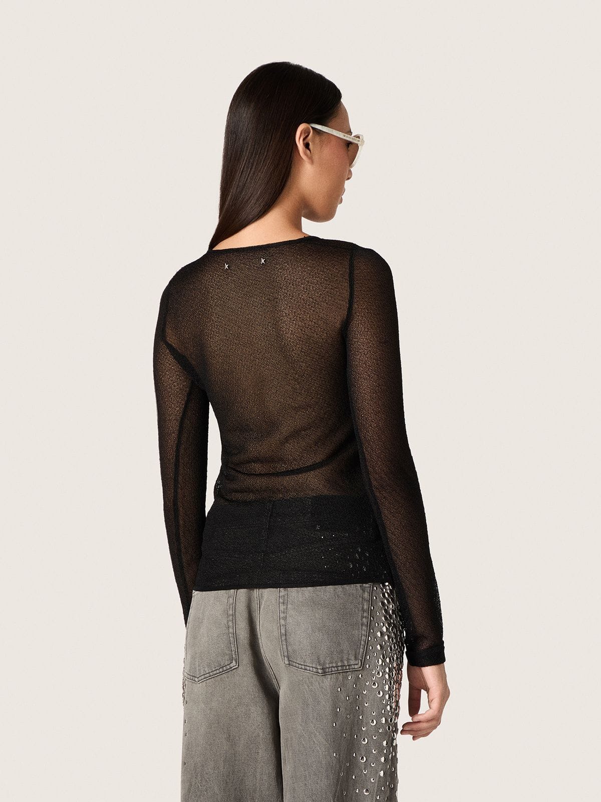Women's crew-neck sweater with black floral jacquard pattern - Golden Goose Women