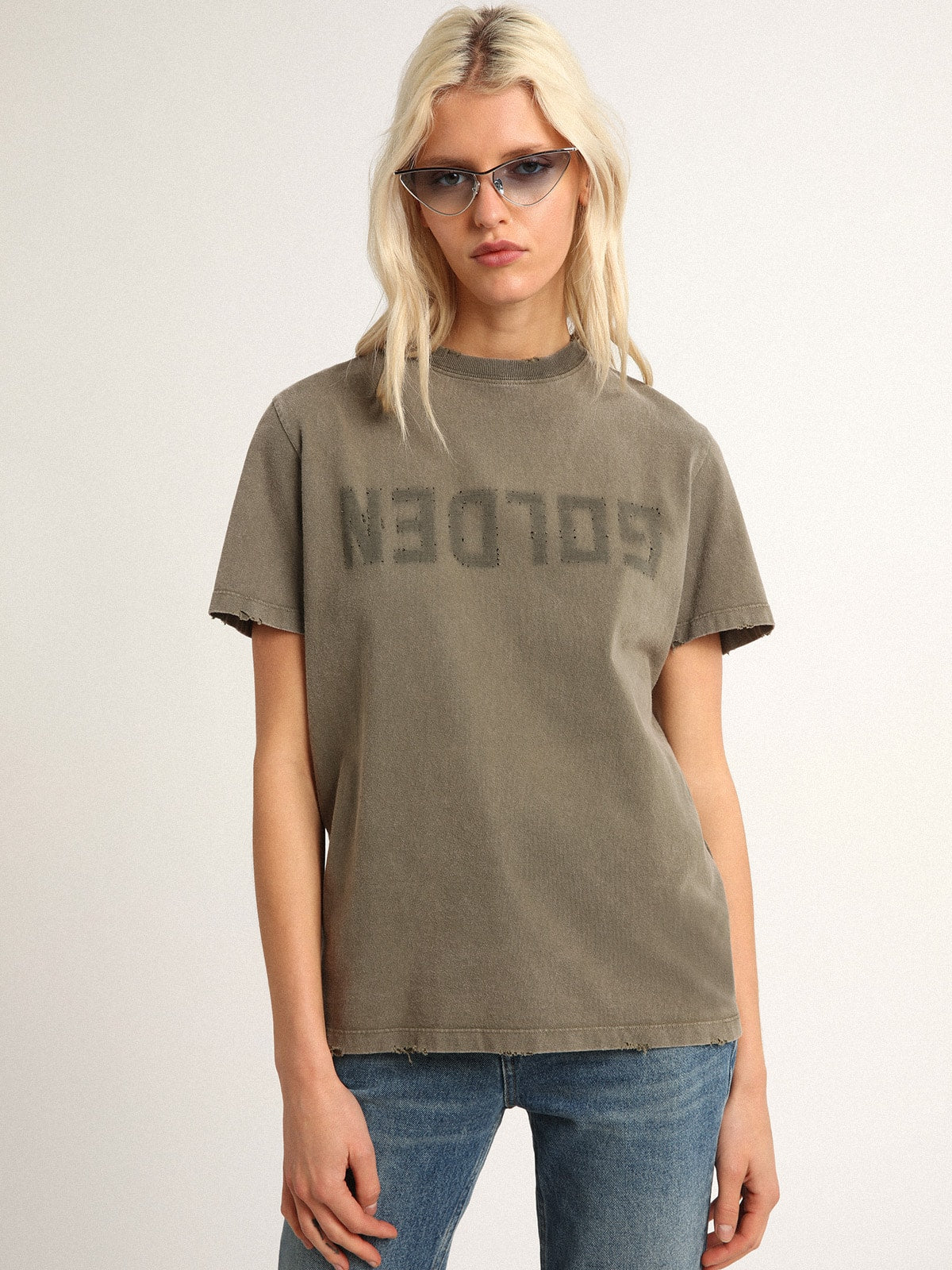 Olive-green regular-fit T-shirt with Golden lettering on the front - Golden Goose Women