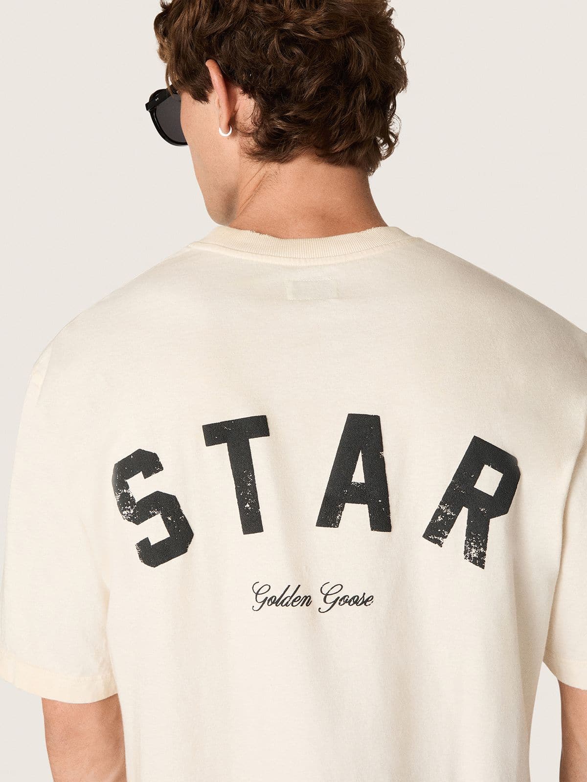 Star unisex cotton T-shirt in vintage white with black print on the back - Golden Goose Women|Men