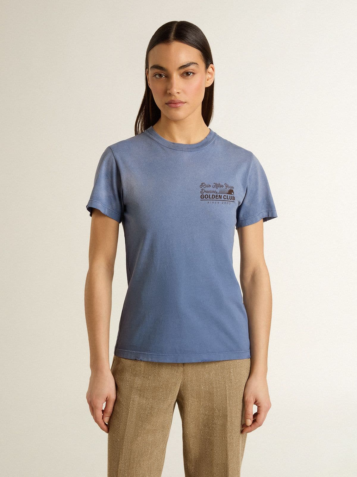 Women's faded light blue T-shirt with print on the chest - Golden Goose Women