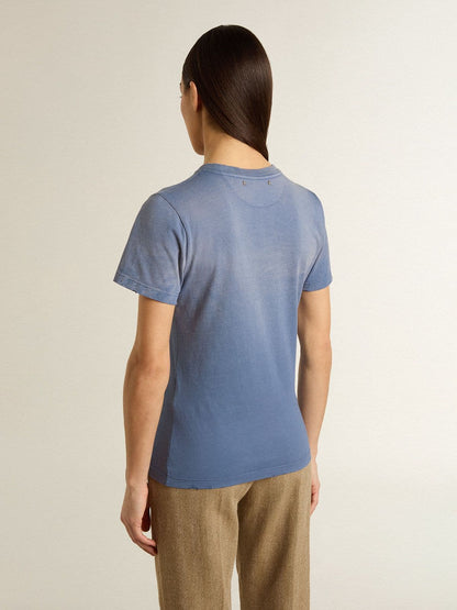 Women's faded light blue T-shirt with print on the chest - Golden Goose Women