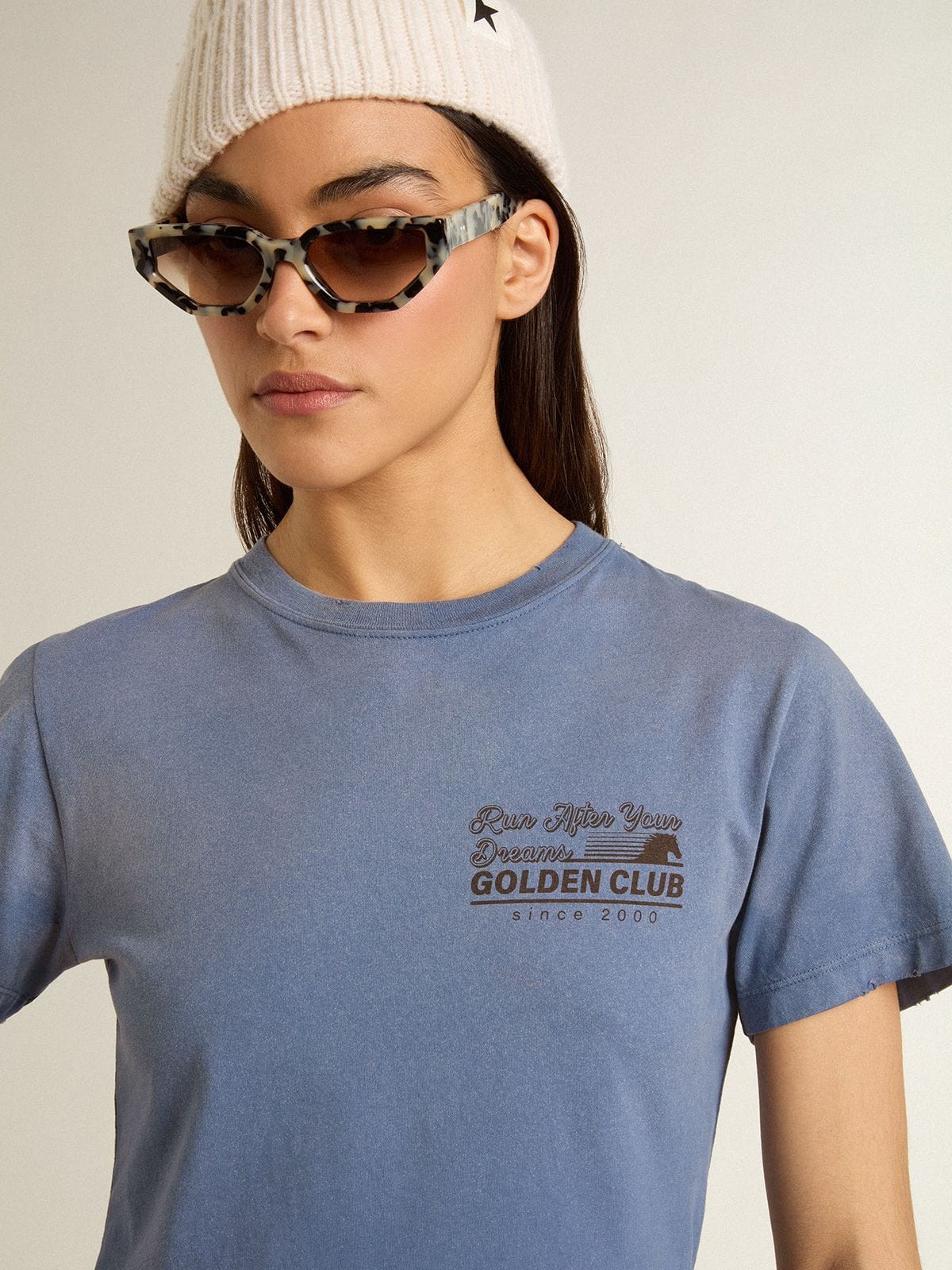 Women's faded light blue T-shirt with print on the chest - Golden Goose Women