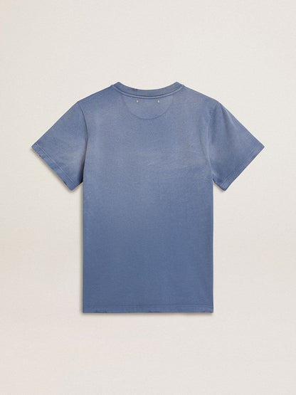 Women's faded light blue T-shirt with print on the chest - Golden Goose Women