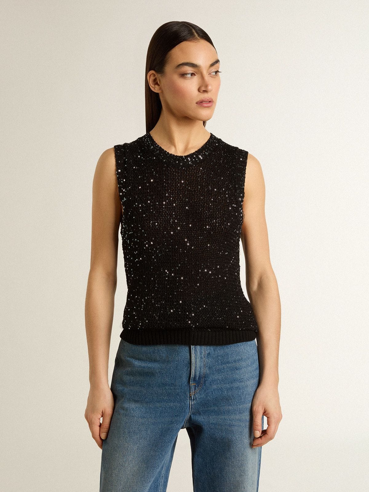 Black mesh knit top with sequins and contrasting details - Golden Goose Women