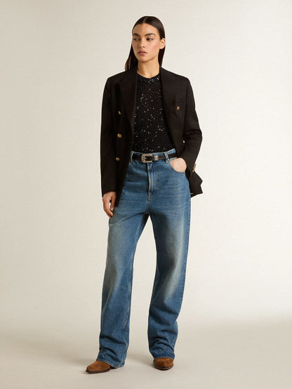 Black mesh knit top with sequins and contrasting details - Golden Goose Women