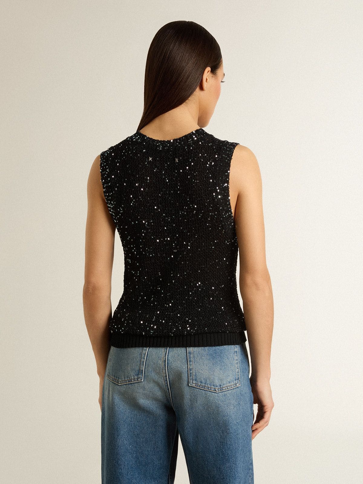 Black mesh knit top with sequins and contrasting details - Golden Goose Women