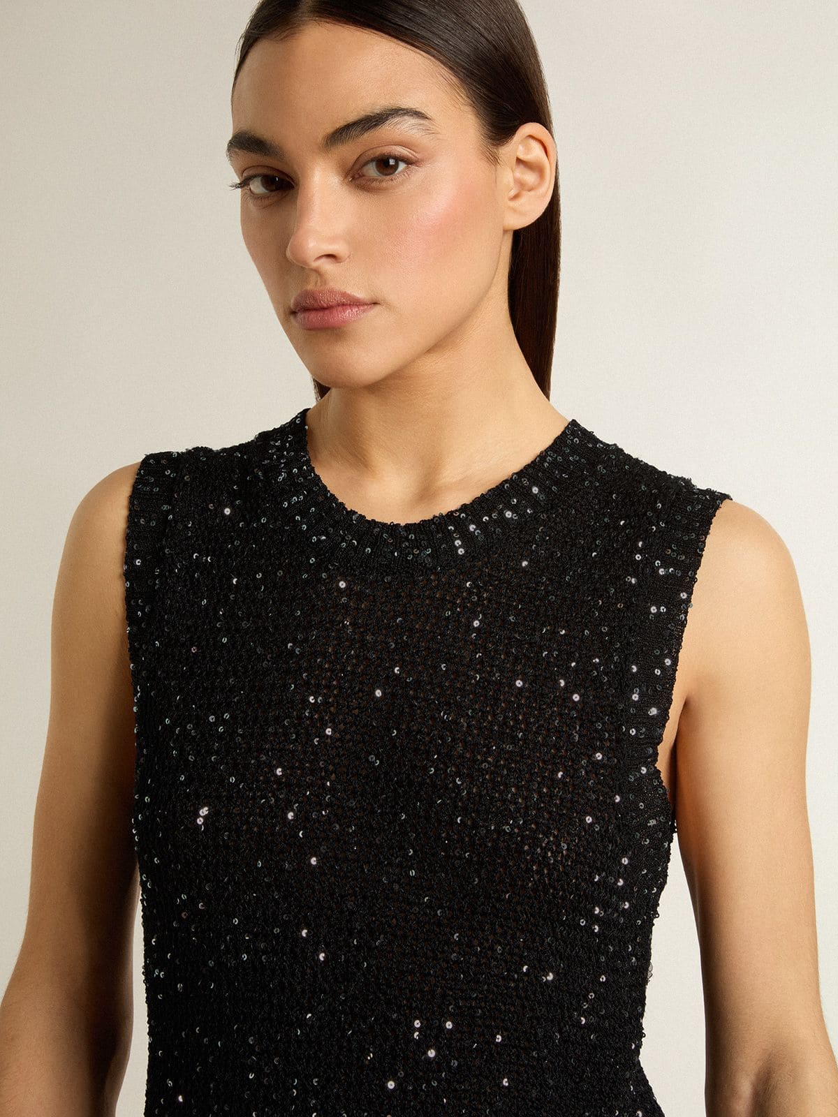 Black mesh knit top with sequins and contrasting details - Golden Goose Women