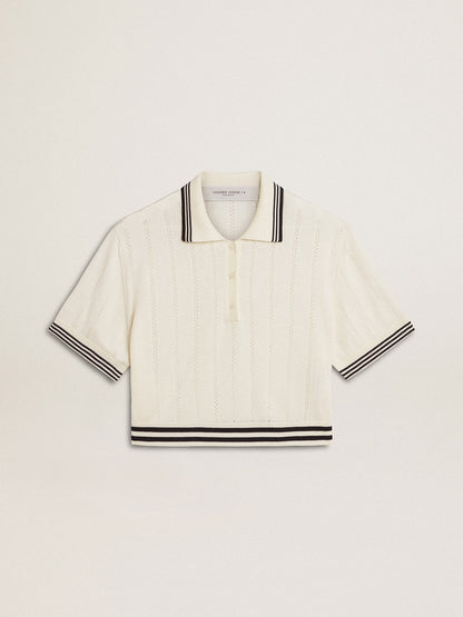Women's cropped worn-white cotton polo shirt with blue ribbing - Golden Goose Women