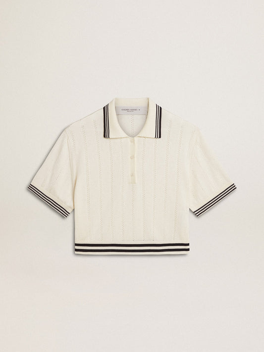 Women's cropped worn-white cotton polo shirt with blue ribbing - Golden Goose Women