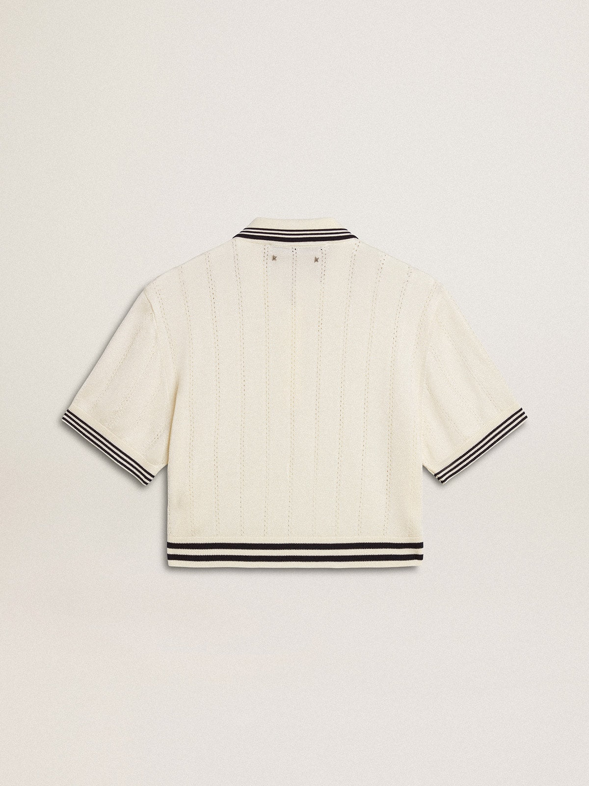 Women's cropped worn-white cotton polo shirt with blue ribbing - Golden Goose Women