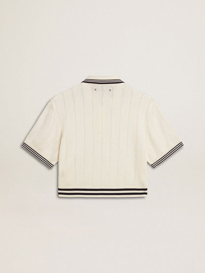 Women's cropped worn-white cotton polo shirt with blue ribbing - Golden Goose Women