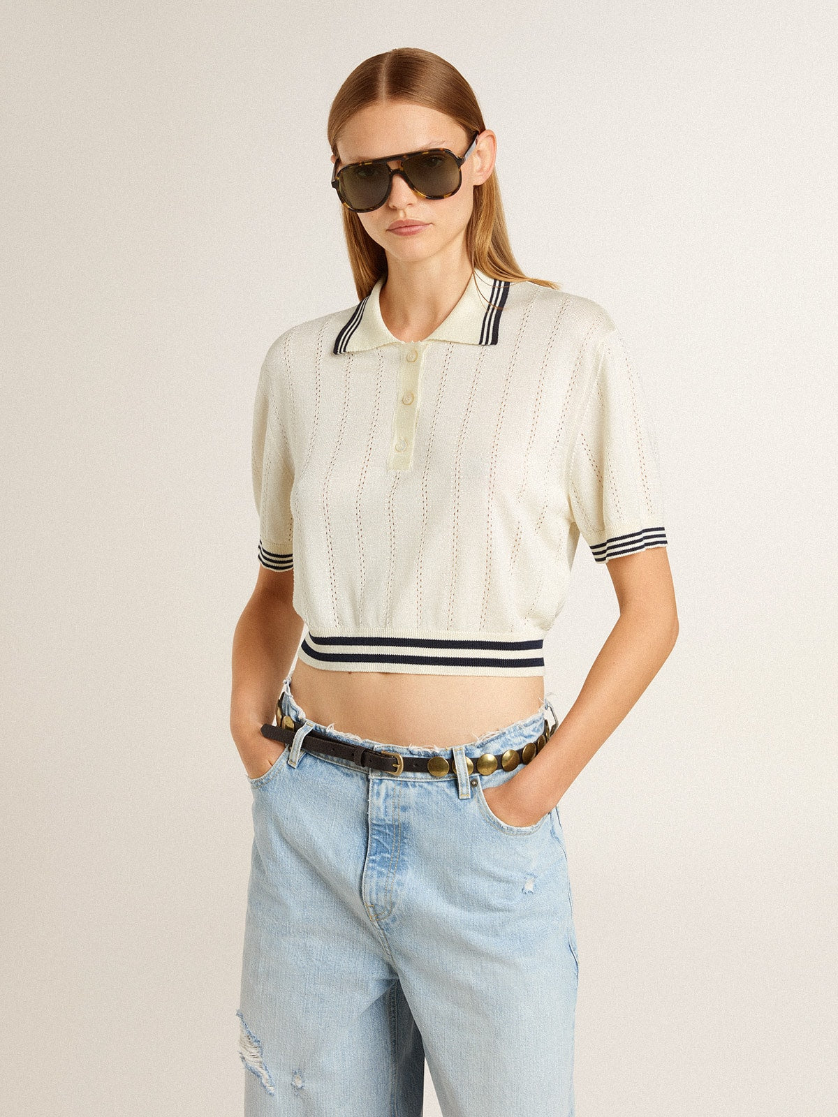 Women's cropped worn-white cotton polo shirt with blue ribbing - Golden Goose Women