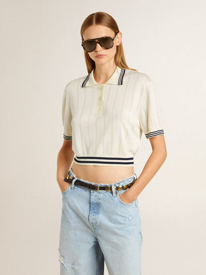 Women's cropped worn-white cotton polo shirt with blue ribbing - Golden Goose Women