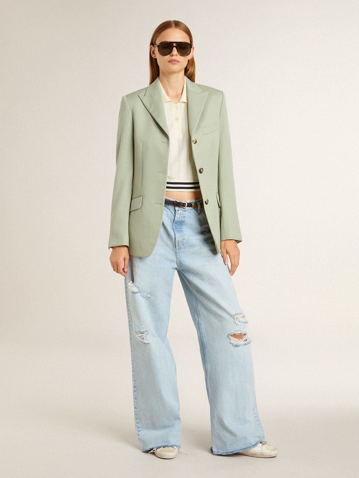 Women's cropped worn-white cotton polo shirt with blue ribbing - Golden Goose Women