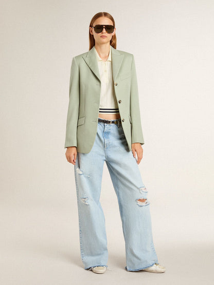 Women's cropped worn-white cotton polo shirt with blue ribbing - Golden Goose Women
