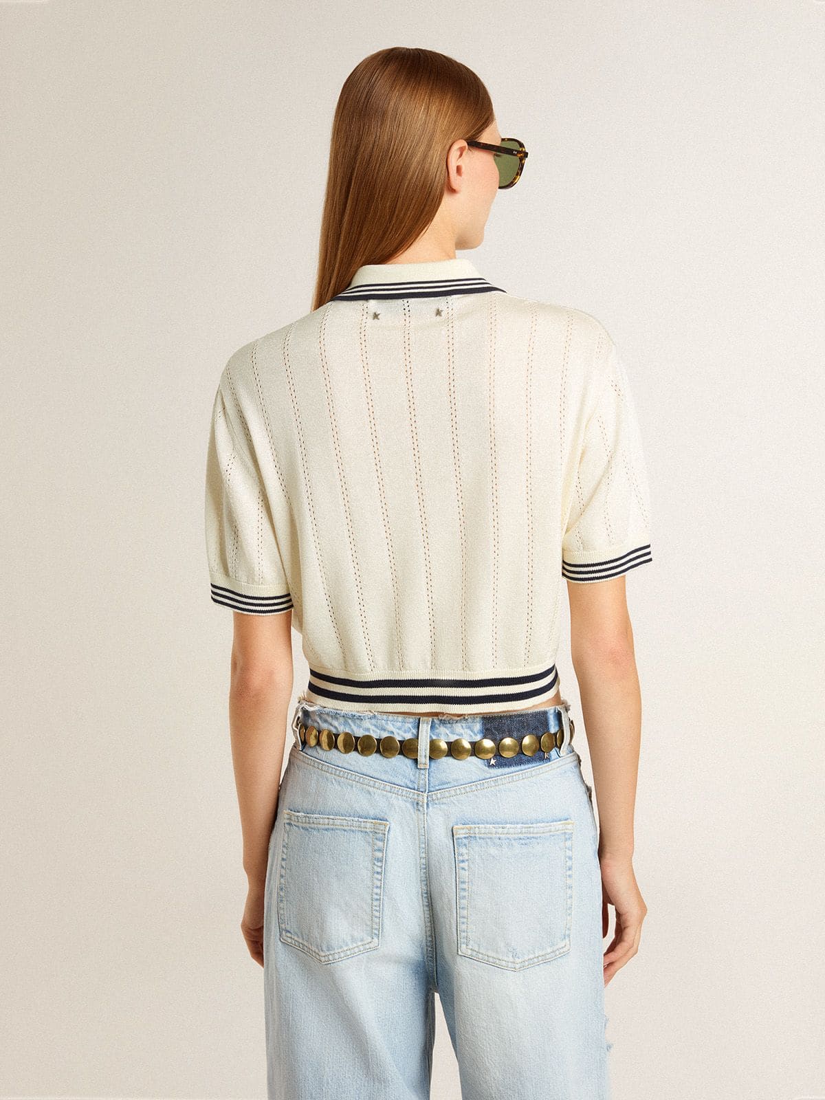 Women's cropped worn-white cotton polo shirt with blue ribbing - Golden Goose Women