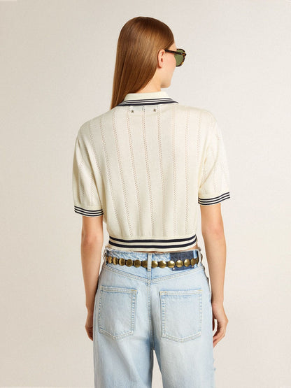 Women's cropped worn-white cotton polo shirt with blue ribbing - Golden Goose Women