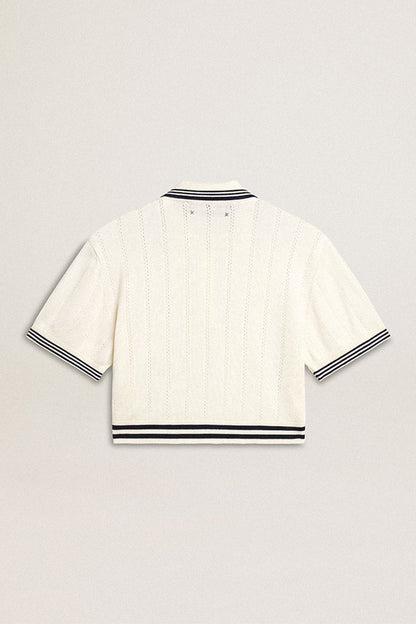 Women's cropped worn-white cotton polo shirt with blue ribbing - Golden Goose Women