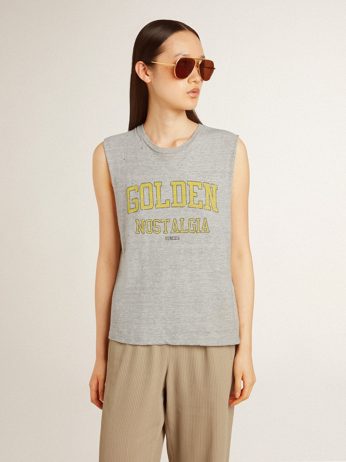Women's gray sleeveless T-shirt with yellow print - Golden Goose Women