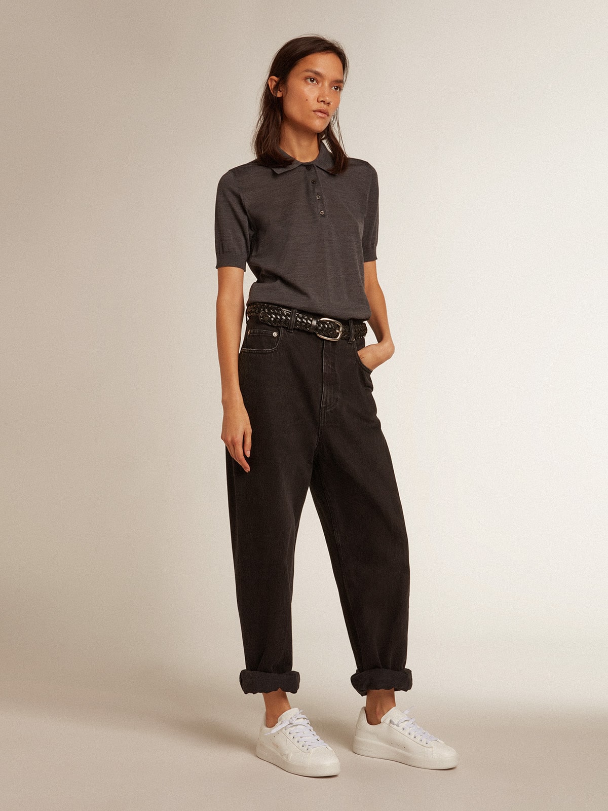 Women’s polo shirt in anthracite merino wool - Golden Goose Women
