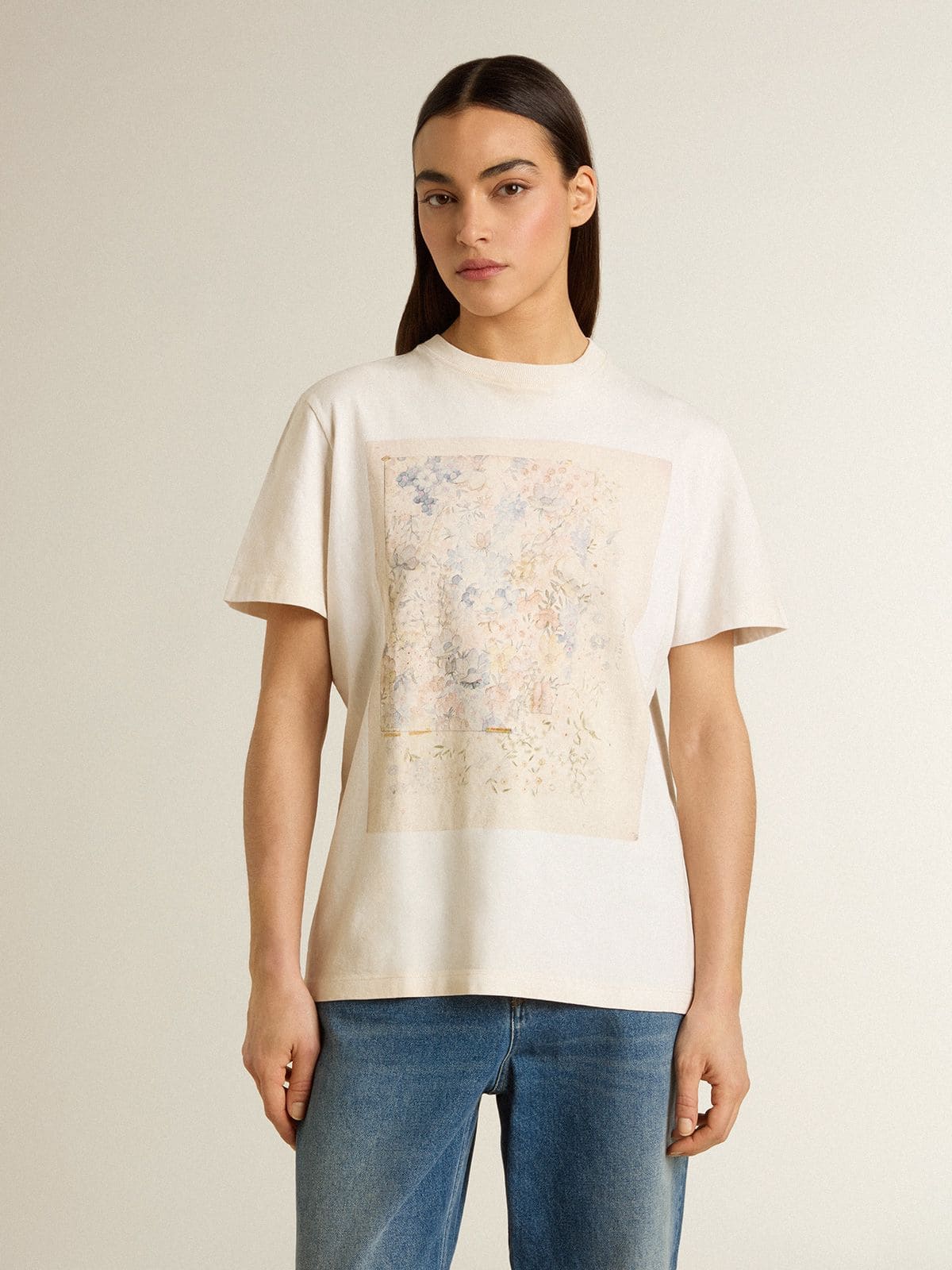 Women's white T-shirt with floral print - Golden Goose Women