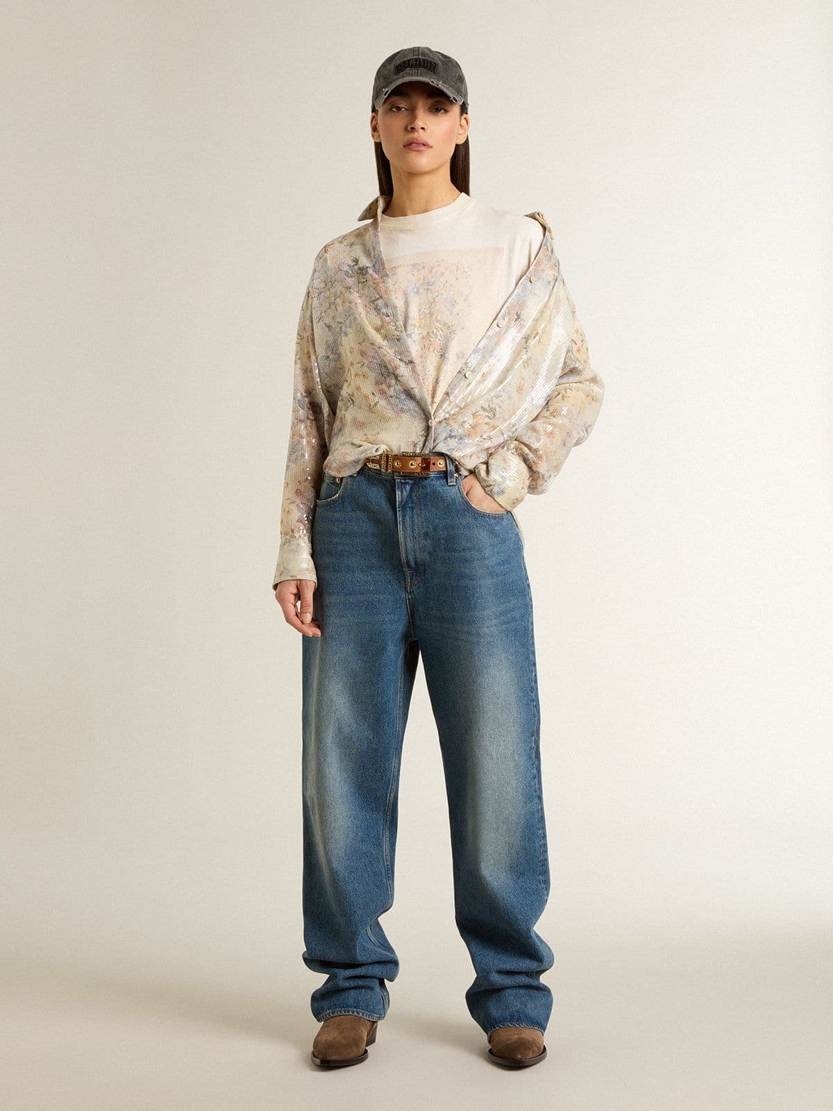 Women's white T-shirt with floral print - Golden Goose Women