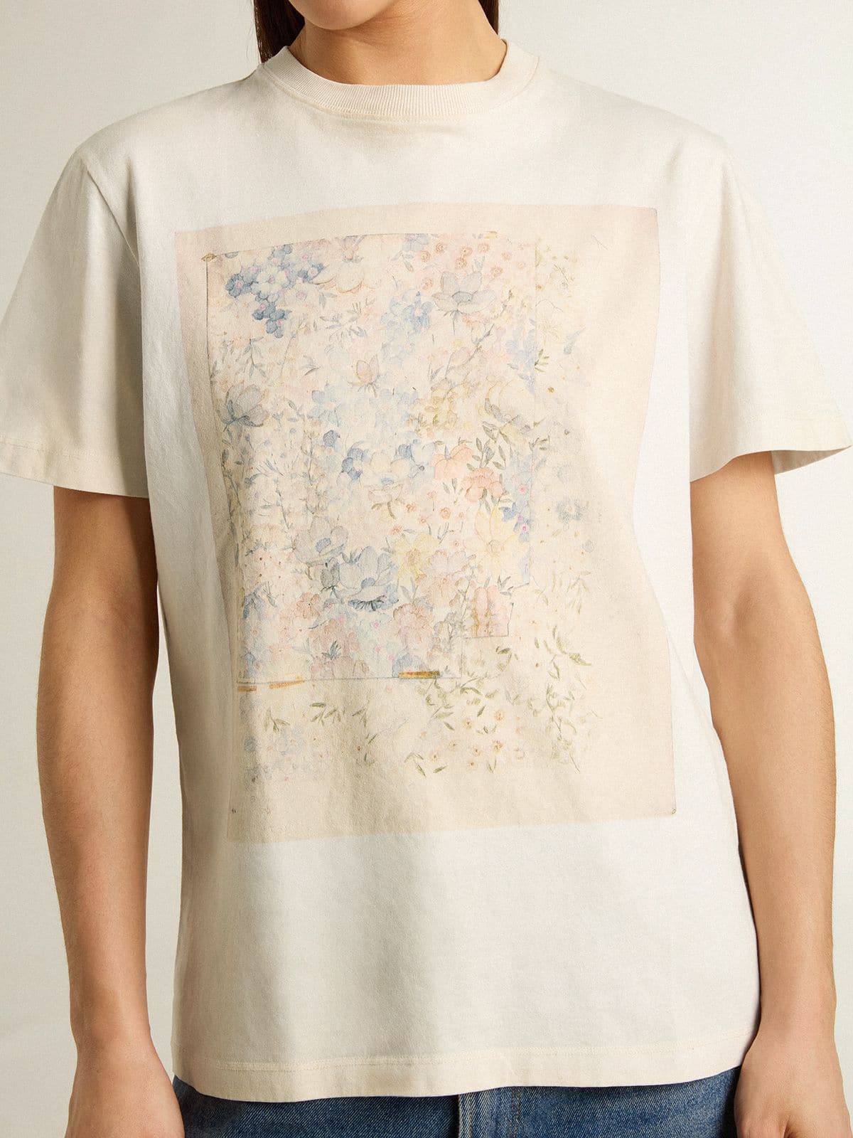 Women's white T-shirt with floral print - Golden Goose Women