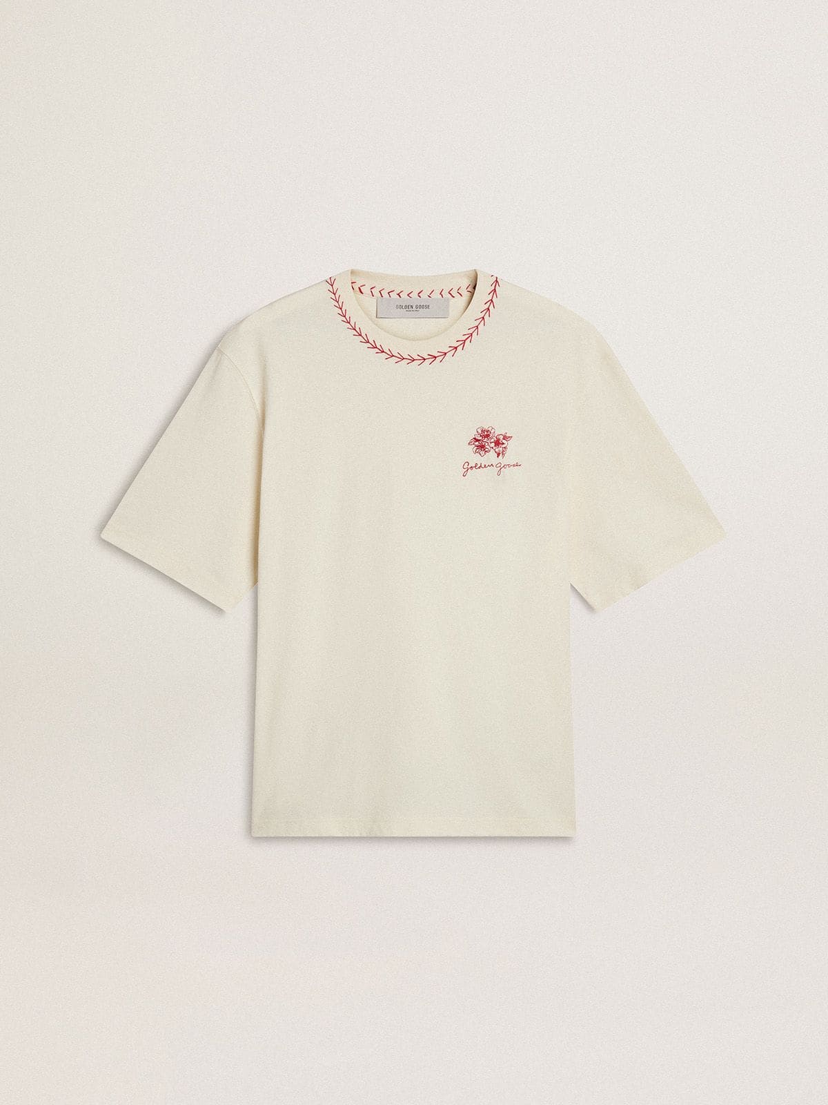 CNY worn-white sleeveless T-shirt with red embroidery - Golden Goose Women|Men