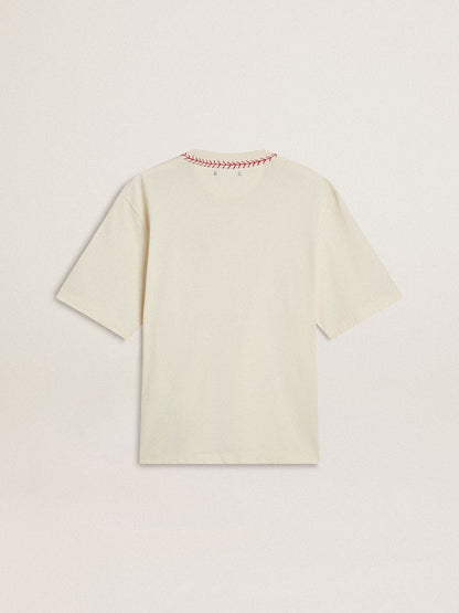 CNY worn-white sleeveless T-shirt with red embroidery - Golden Goose Women|Men