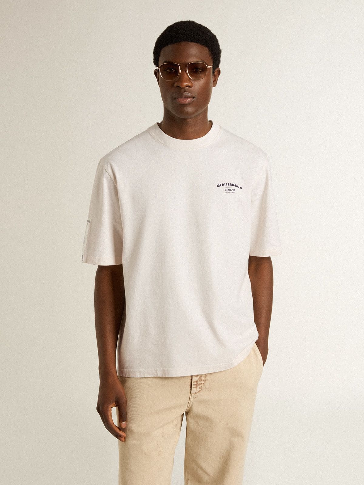 White unisex T-shirt with Mediterranean print and Pescheria Golden patch on the sleeve - Golden Goose Women|Men