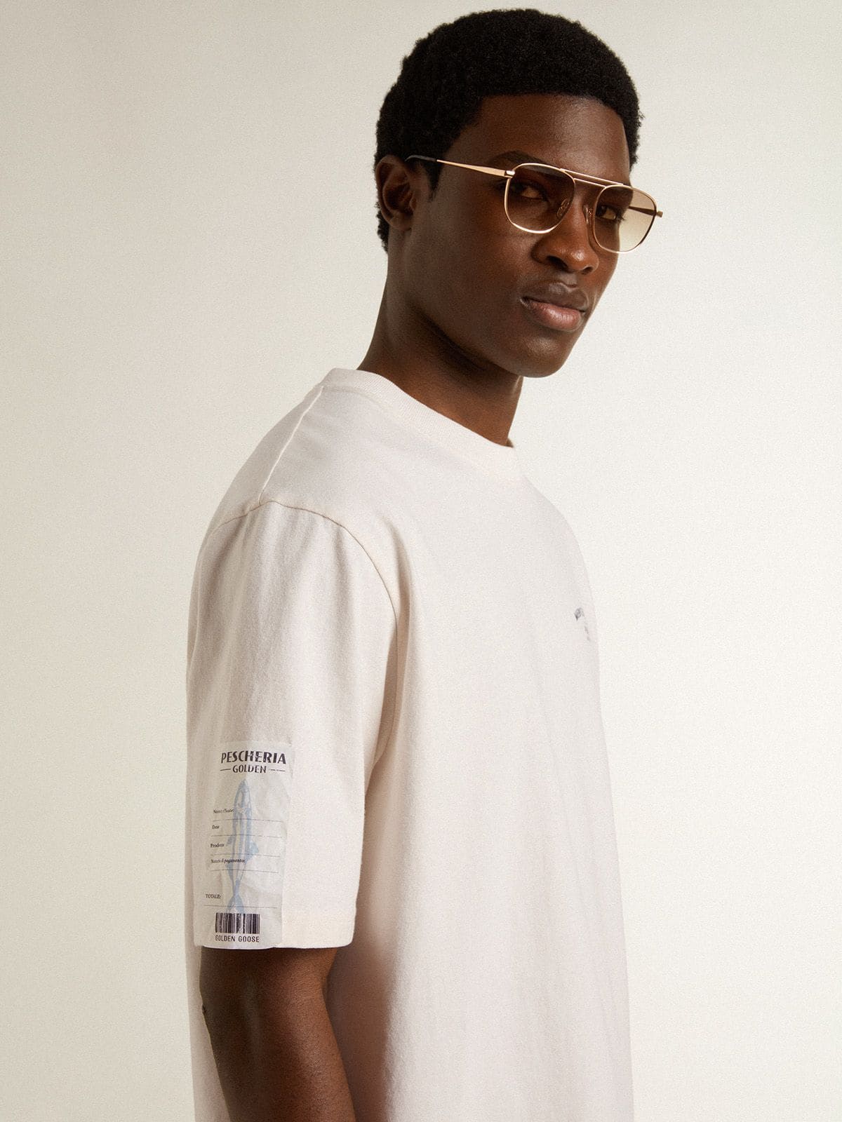 White unisex T-shirt with Mediterranean print and Pescheria Golden patch on the sleeve - Golden Goose Women|Men
