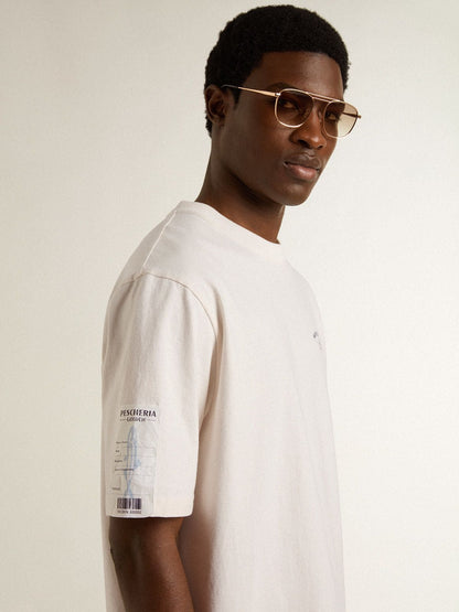 White unisex T-shirt with Mediterranean print and Pescheria Golden patch on the sleeve - Golden Goose Women|Men