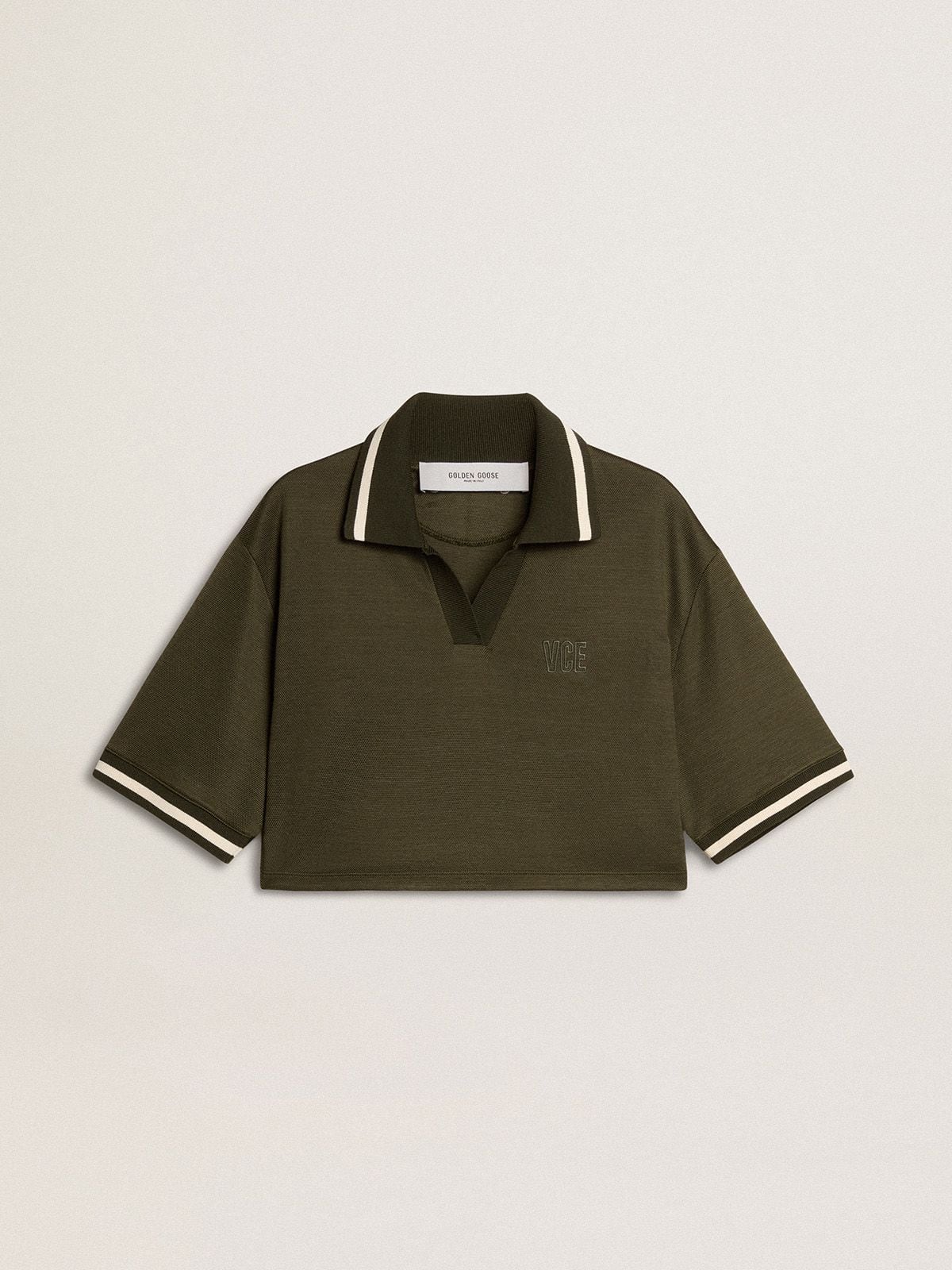 Women's cropped polo in military-green jersey with embroidery - Golden Goose Women