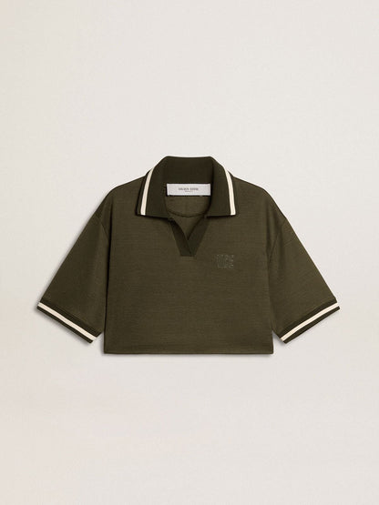 Women's cropped polo in military-green jersey with embroidery - Golden Goose Women