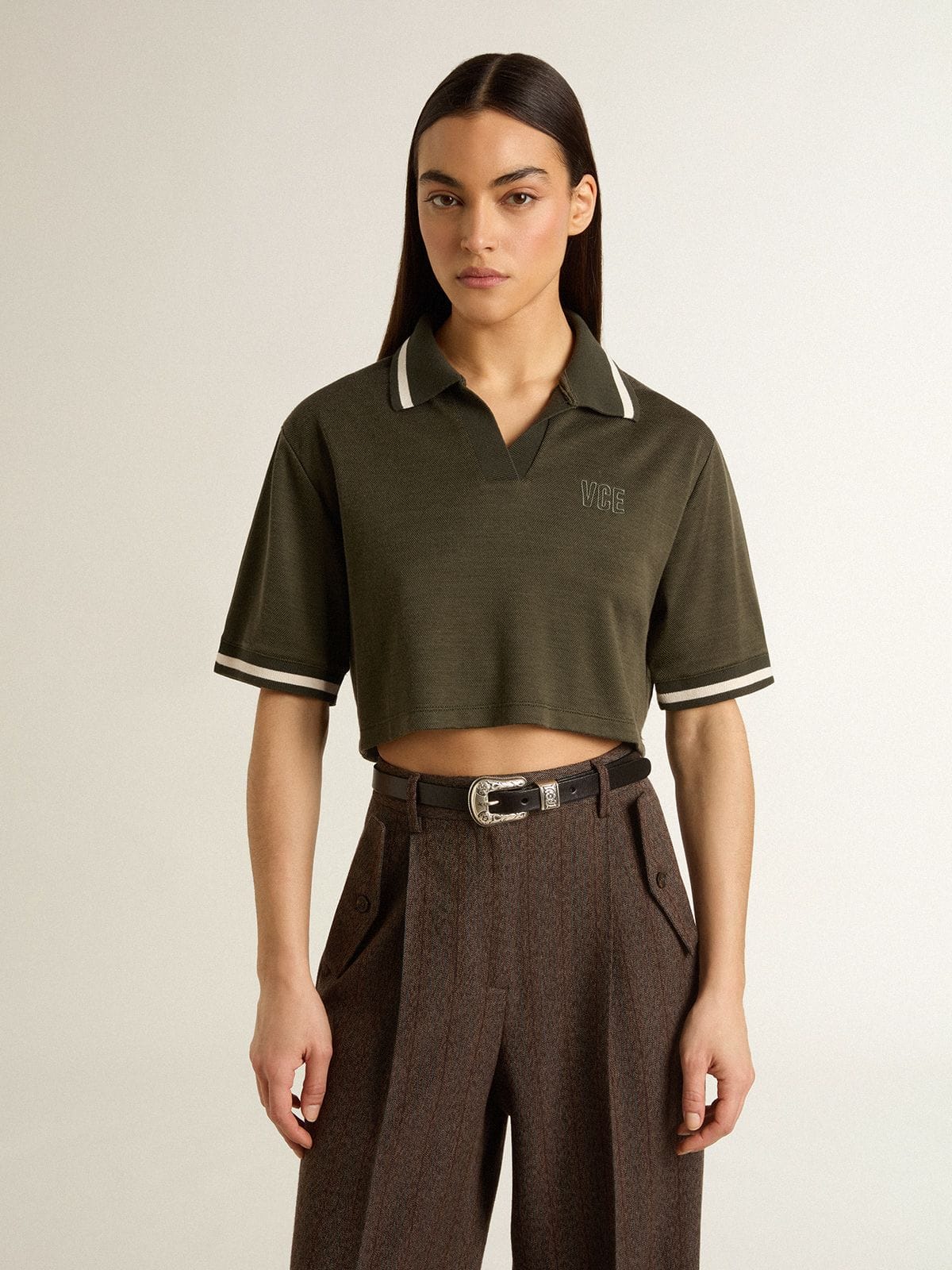 Women's cropped polo in military-green jersey with embroidery - Golden Goose Women