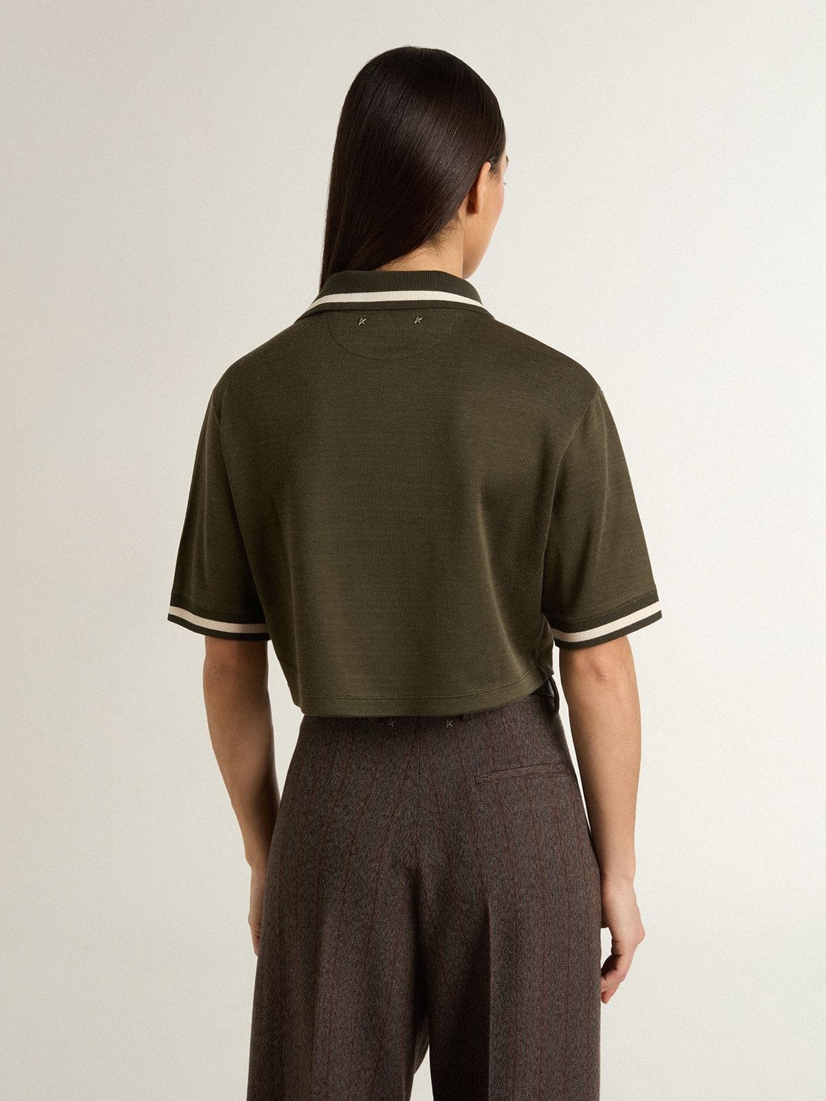 Women's cropped polo in military-green jersey with embroidery - Golden Goose Women