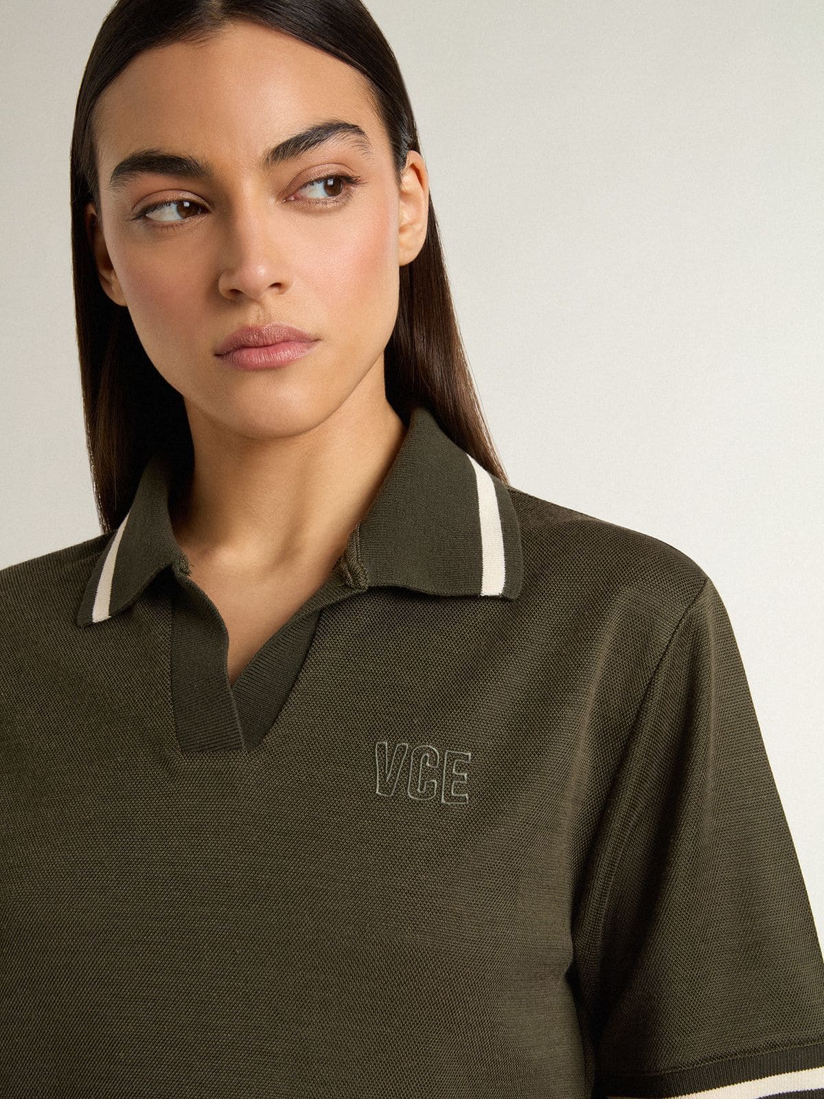 Women's cropped polo in military-green jersey with embroidery - Golden Goose Women