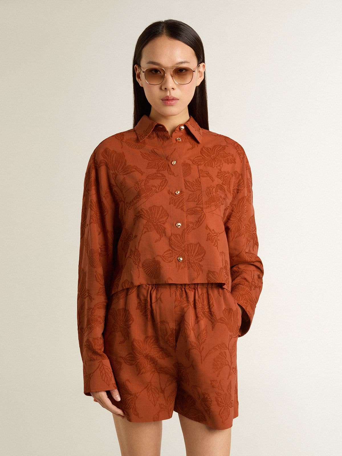 Women's cropped shirt in brick red jacquard with wide sleeves - Golden Goose Women