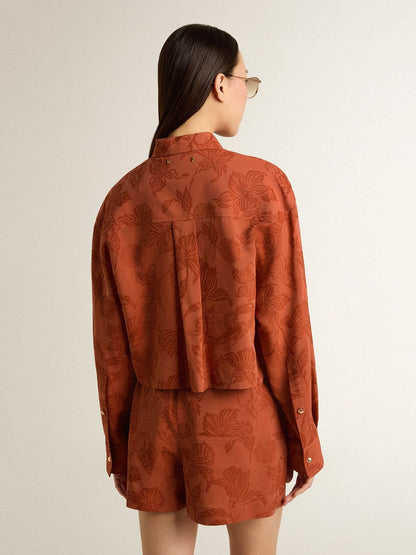 Women's cropped shirt in brick red jacquard with wide sleeves - Golden Goose Women