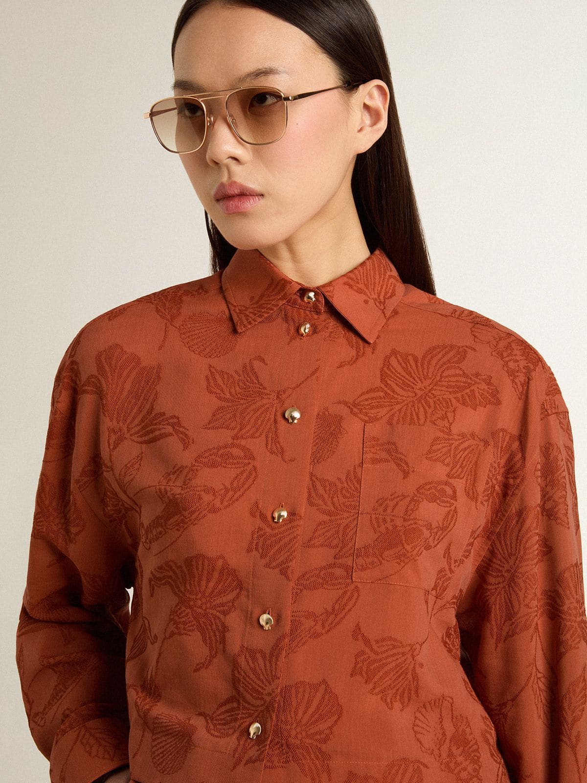Women's cropped shirt in brick red jacquard with wide sleeves - Golden Goose Women