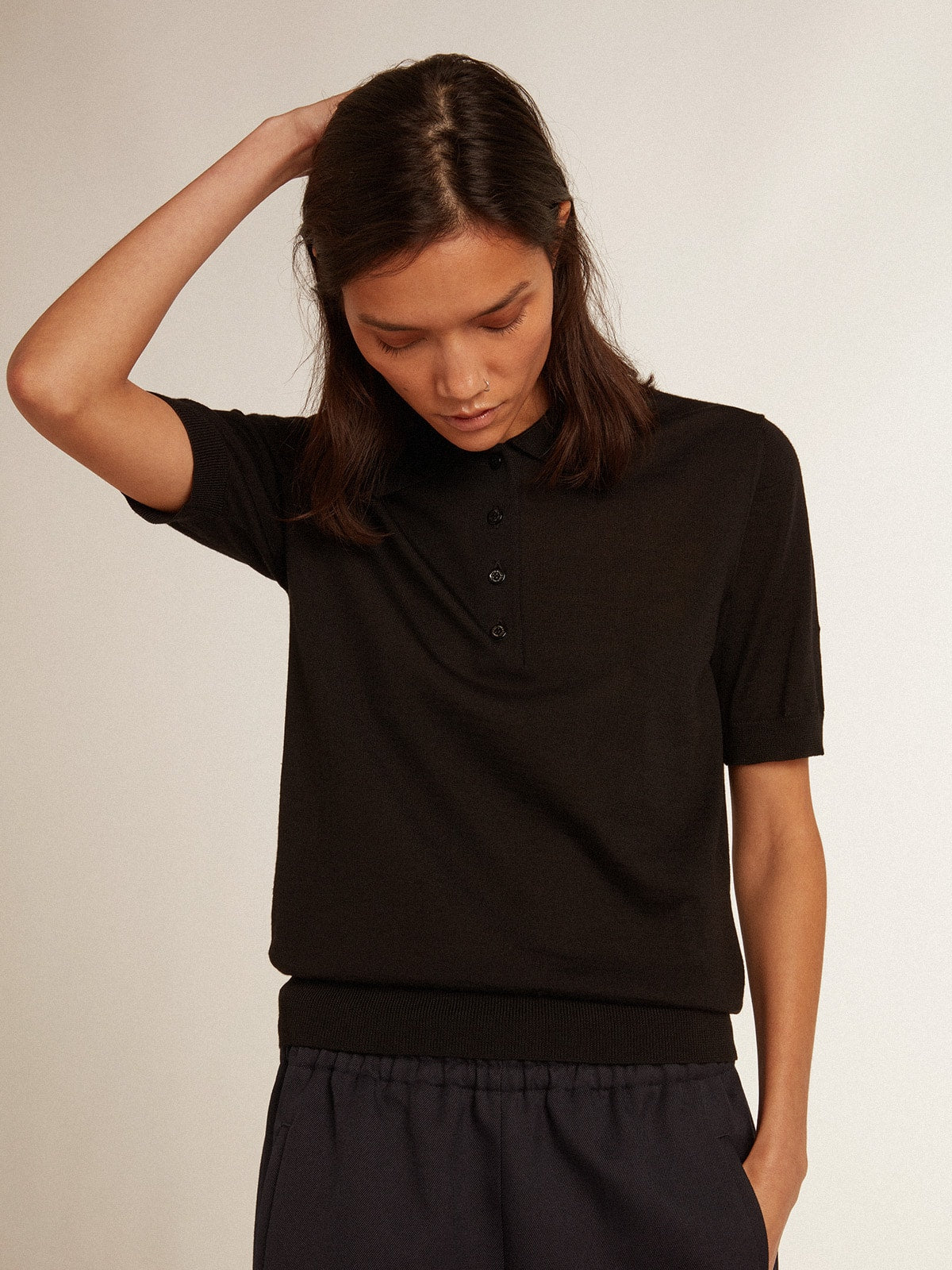 Women’s polo shirt in black merino wool - Golden Goose Women