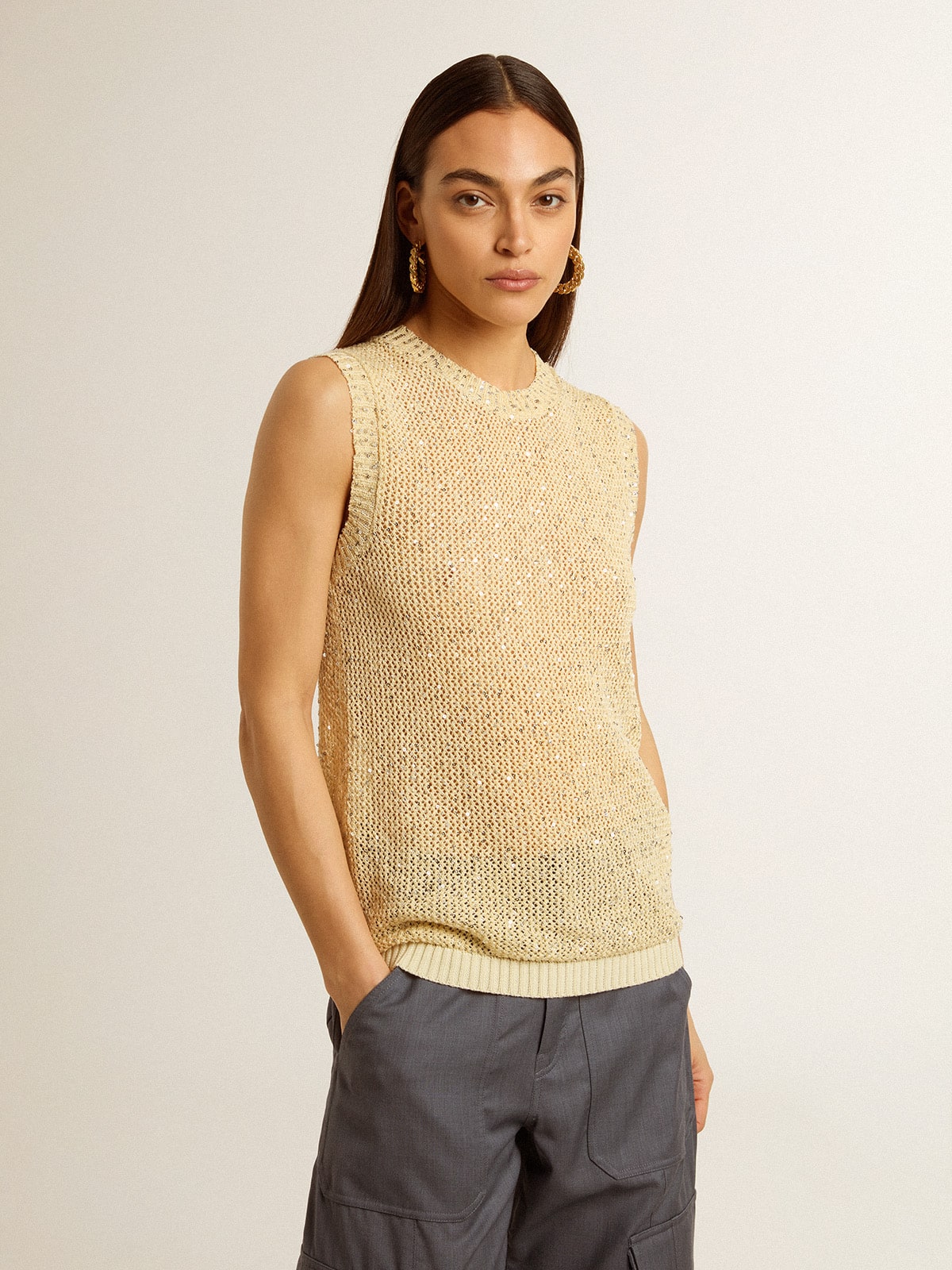 Mesh knit top with sequins and contrasting details - Golden Goose Women