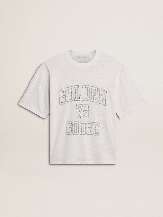 Women's lightweight white linen T-shirt with print - Golden Goose Women