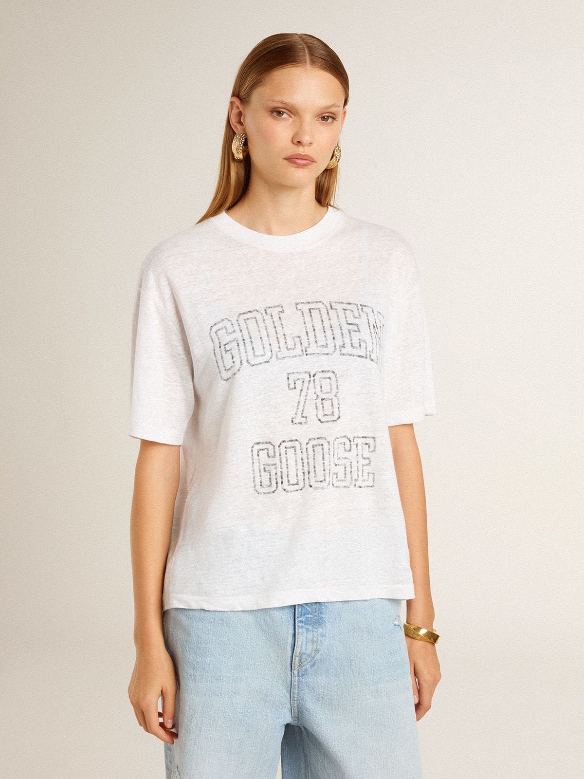 Women's lightweight white linen T-shirt with print - Golden Goose Women