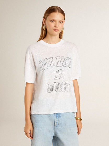 Women's lightweight white linen T-shirt with print - Golden Goose Women