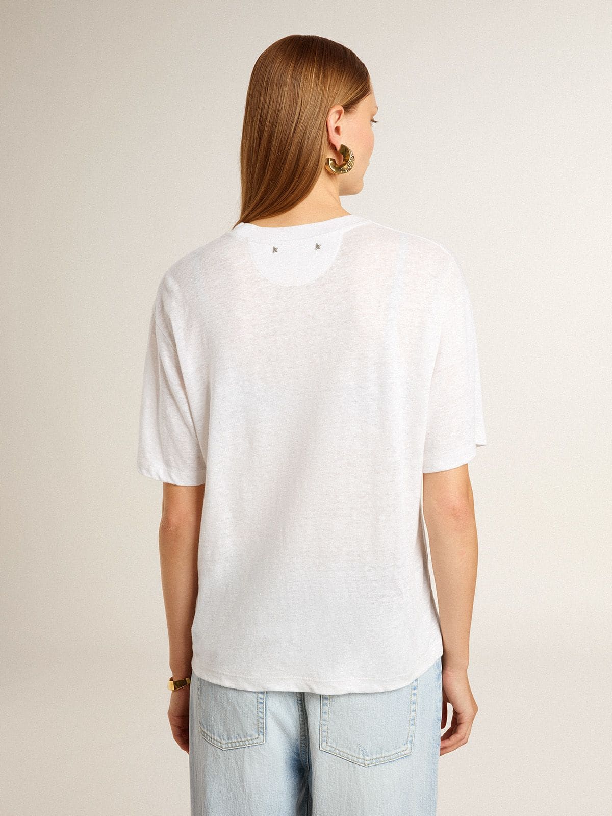 Women's lightweight white linen T-shirt with print - Golden Goose Women
