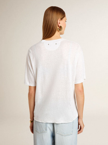 Women's lightweight white linen T-shirt with print - Golden Goose Women