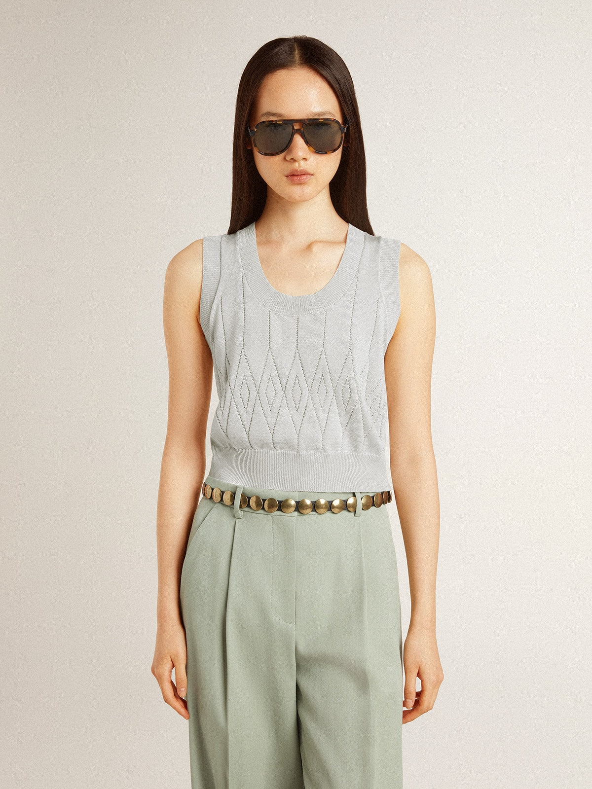 Women's sleeveless tank top in baby blue knit - Golden Goose Women