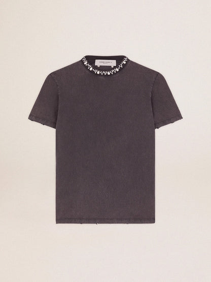 Women's anthracite gray T-shirt with crystals - Golden Goose Women